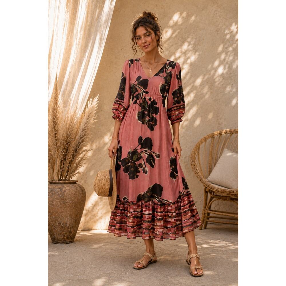 White Stuff Pink Lucy Maxi Dress Coquette Boho Romantic Prairie Cottage Country